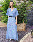 Lady Blue Floral Print Chiffon Wrap Maxi Dress