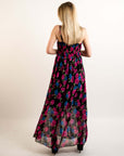 Floral print Chiffon Pleated Bust & Sweetheart Neckline Maxi Dress