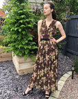 Chiffon Cross Wrap Maxi Dress in brown floral print