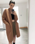 Oversized Boxy rib knit long cardigan with front pocket in brown