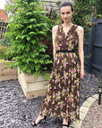Chiffon Cross Wrap Maxi Dress in brown floral print