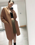 Oversized Boxy rib knit long cardigan with front pocket in brown