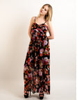 Floral Print Chiffon Pleated Bust & Sweetheart Neckline Maxi Dress