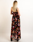 Floral Print Chiffon Pleated Bust & Sweetheart Neckline Maxi Dress
