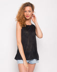 Black Knitted Floral Lace & Chiffon Dropped Hem Split Tank Top/Vest