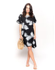 multi leaves print black white contrast cotton shift dress