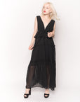 Deep V Neck Sleeveless Maxi Dress with Ruffles in Black Spot