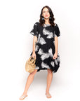 multi leaves print black white contrast cotton shift dress