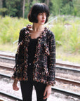 Black pink Color Tweed Effect Knitted short Cardigan Jacket