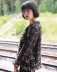 Black pink Color Tweed Effect Knitted short Cardigan Jacket