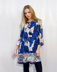 Multi Color Floral Print 3/4 Long Sleeves Cotton Dress (BLUE)