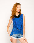 Floral Pattern Blue Crochet Vest Top