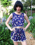 Parrot bird floral print tassel vest and shorts suits co-ords (BLUE)