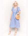 Short Sleeve V Neck Midi Dress in Blue and White Stripe