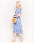 Short Sleeve V Neck Midi Dress in Blue and White Stripe