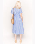 Short Sleeve V Neck Midi Dress in Blue and White Stripe