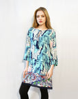 Multi Color Floral Print 3/4 Long Sleeves Cotton Dress (GREEN)