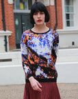 Multi color print brushed mohair knitted jumper (Orange)