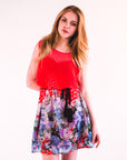 Floral Print Chiffon Dress (Red)