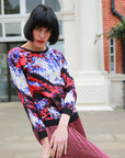 Multi color print brushed mohair knitted jumper (Red)