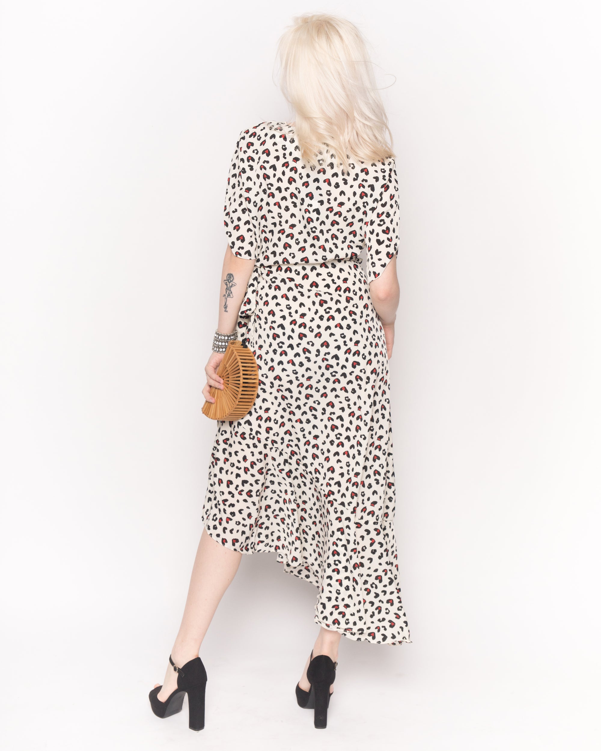 Ruffled Wrap Midi Dress in White and Black Sweetheart Print