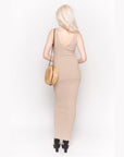 Sleeveless Ribbed Knit Bodycon Dress with Side Split in Beige