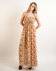 Floral print Chiffon Pleated Bust & Sweetheart Neckline Maxi Dress