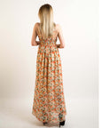 Floral print Chiffon Pleated Bust & Sweetheart Neckline Maxi Dress