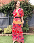 Lady Red Paisley Print Chiffon Wrap Maxi Dress