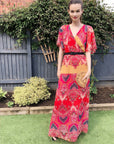 Lady Red Paisley Print Chiffon Wrap Maxi Dress
