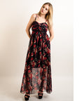 Floral print Chiffon Pleated Bust & Sweetheart Neckline Maxi Dress