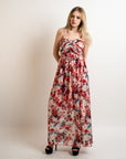Floral print Chiffon Pleated Bust & Sweetheart Neckline Maxi Dress