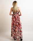 Floral print Chiffon Pleated Bust & Sweetheart Neckline Maxi Dress