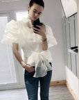 Organza shirt with big bow belt design in White