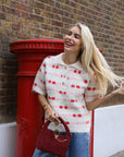 Cherry Pattern Fluffy Knit Polo Top in Cream