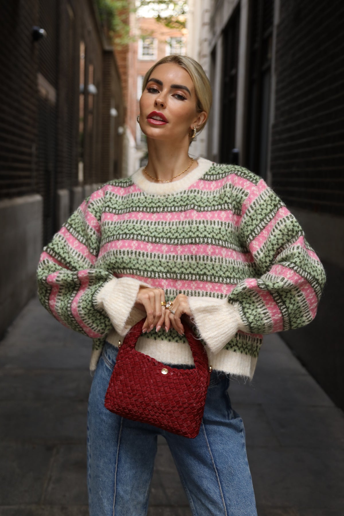 Fair Isle Stripe Soft Knit Jumper in Pink &amp; Green