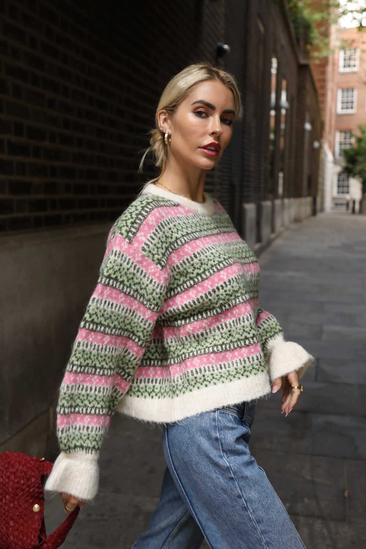 Fair Isle Stripe Soft Knit Jumper in Pink &amp; Green