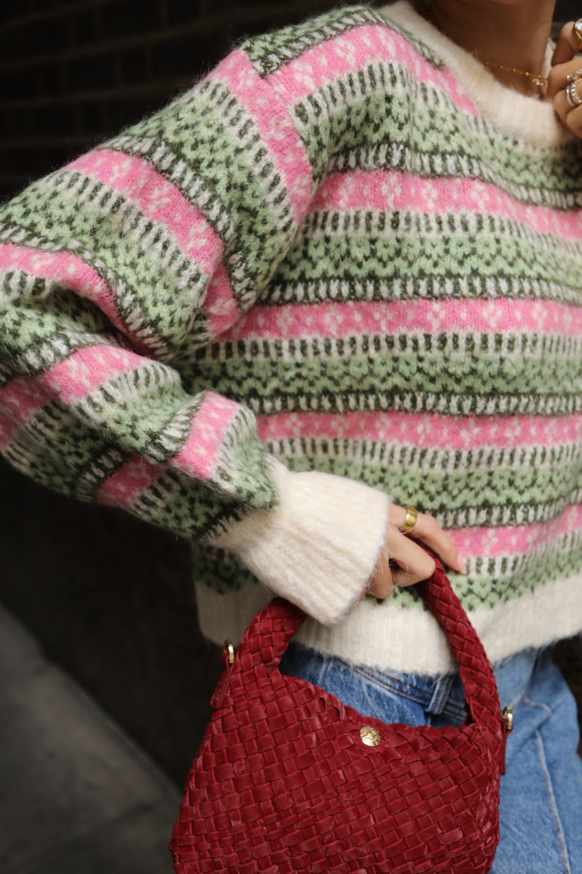 Fair Isle Stripe Soft Knit Jumper in Pink &amp; Green