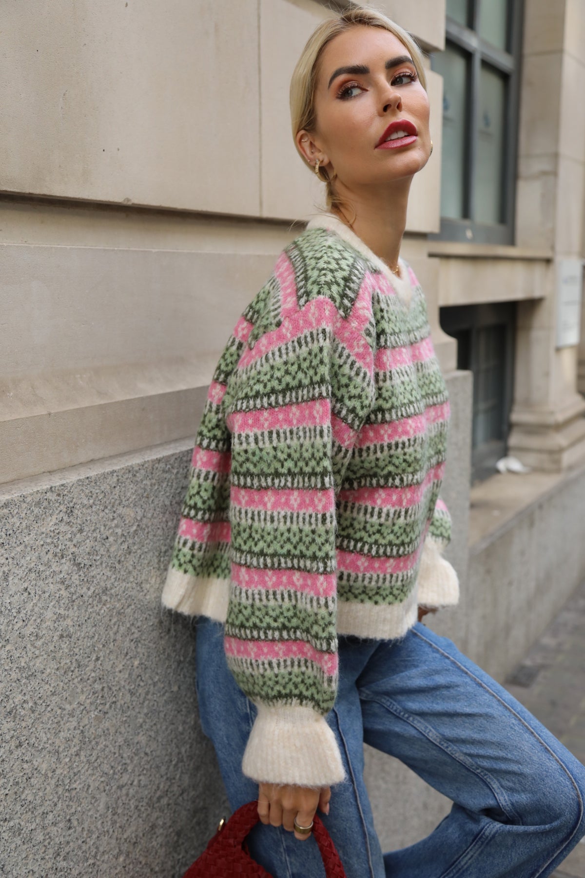 Fair Isle Stripe Soft Knit Jumper in Pink &amp; Green