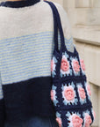 Hand Knit Rose Granny Square Tote Bag in Navy & Pink