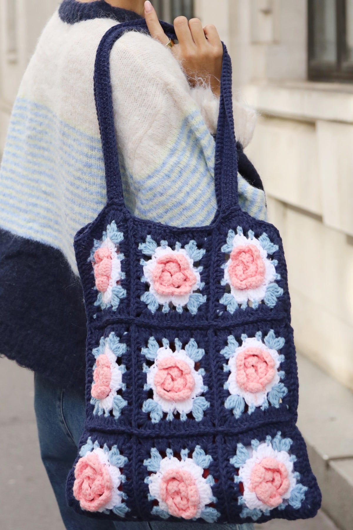 Hand Knit Rose Granny Square Tote Bag in Navy &amp; Pink