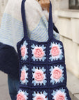 Hand Knit Rose Granny Square Tote Bag in Navy & Pink