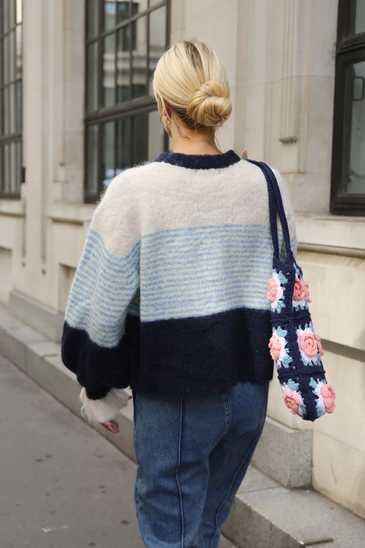 Colour Block Striped Fluffy Knit Jumper in Navy &amp; Blue