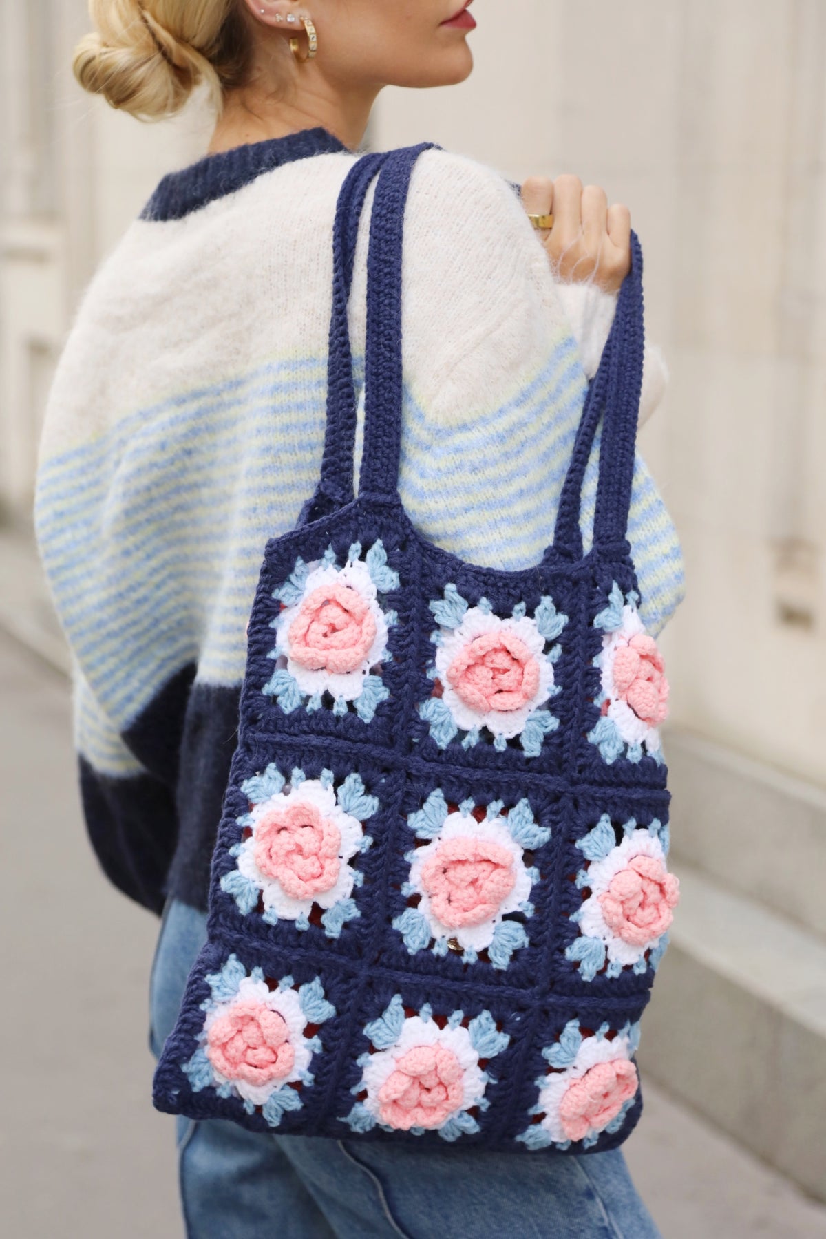 Hand Knit Rose Granny Square Tote Bag in Navy &amp; Pink