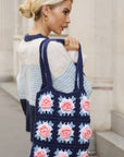 Hand Knit Rose Granny Square Tote Bag in Navy & Pink