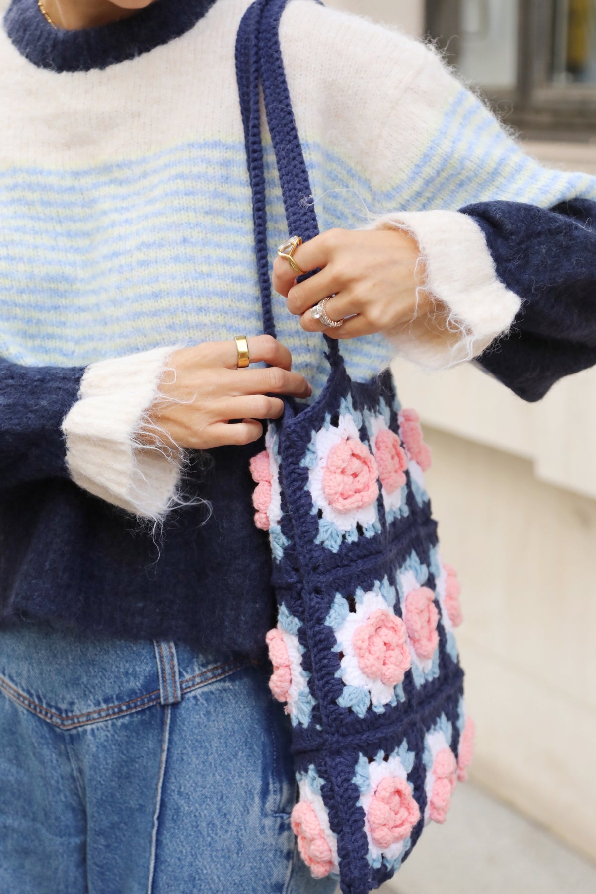 Hand Knit Rose Granny Square Tote Bag in Navy &amp; Pink