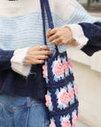 Hand Knit Rose Granny Square Tote Bag in Navy & Pink