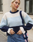 Colour Block Striped Fluffy Knit Jumper in Navy & Blue