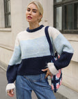 Colour Block Striped Fluffy Knit Jumper in Navy & Blue