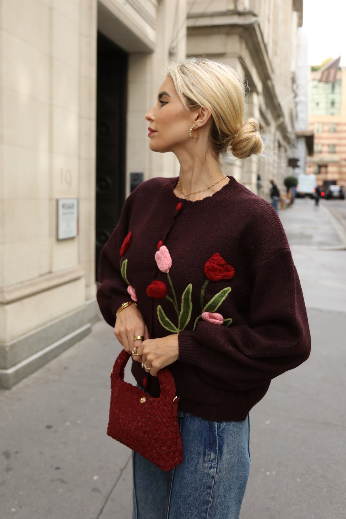 Hand-Knit Tulip Floral Patch Cardigan in Burgundy